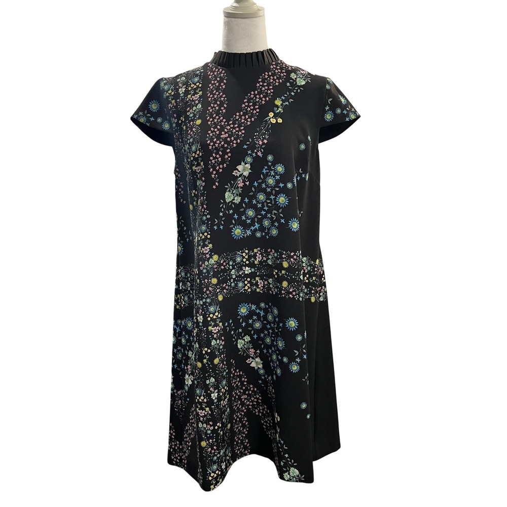 Ted Baker Abbew Unity Floral Dress Pleated Back Shift Black Womens 6 Chic Office